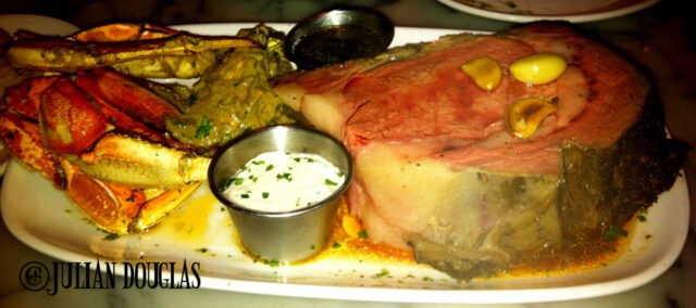 The Stinking Rose's Dungeness Crab & Prime Rib, only the large cut (28 oz), not with The Slab (36oz).